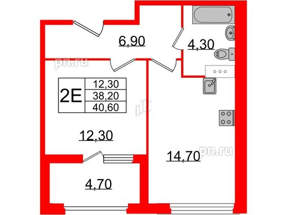 Квартира в ЖК 'Домино', 1 комнатная, 40.6 м², 10 этаж