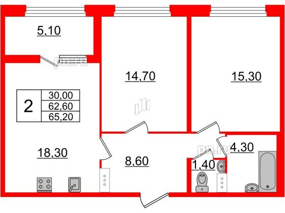 Квартира в ЖК 'Домино', 2 комнатная, 65 м², 8 этаж