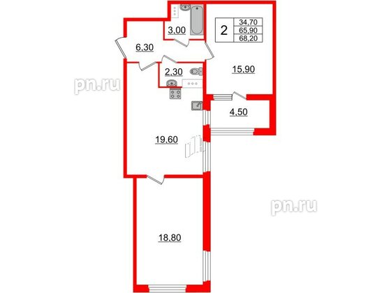 Квартира в ЖК 'Домино', 2 комнатная, 68.3 м², 10 этаж