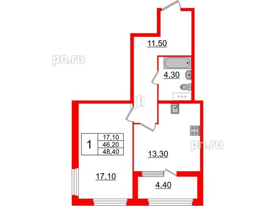 Квартира в ЖК 'Домино', 1 комнатная, 48.4 м², 10 этаж