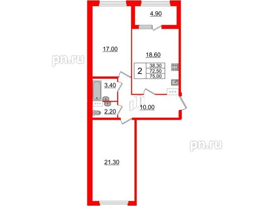 Квартира в ЖК 'Домино', 2 комнатная, 75.2 м², 9 этаж