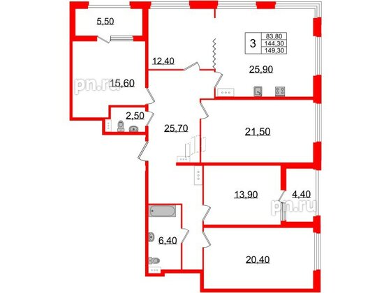 Квартира в ЖК 'Домино', 5 комнатная, 149.3 м², 10 этаж