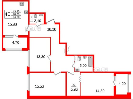 Квартира в ЖК 'Домино', 3 комнатная, 95.2 м², 2 этаж