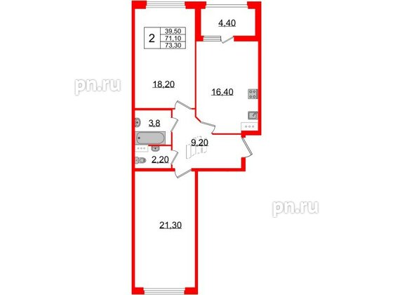 Квартира в ЖК 'Домино', 2 комнатная, 73.7 м², 10 этаж