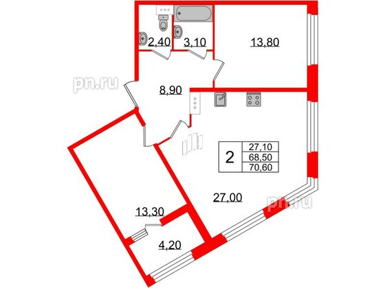 Квартира в ЖК 'Домино', 2 комнатная, 70.5 м², 9 этаж