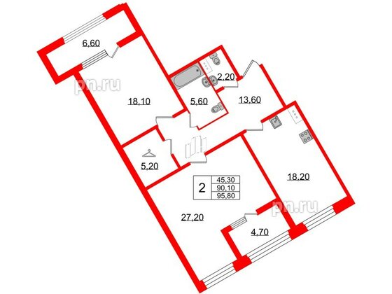 Квартира в ЖК 'Домино', 2 комнатная, 109.7 м², 2 этаж