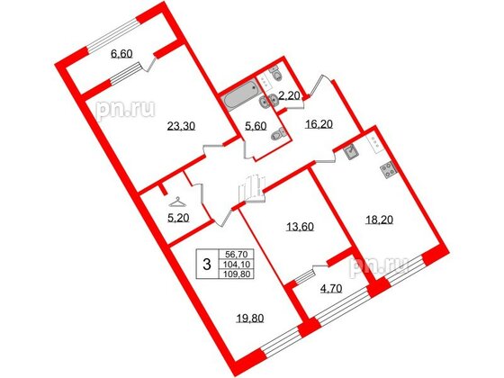 Квартира в ЖК 'Домино', 3 комнатная, 109.4 м², 4 этаж