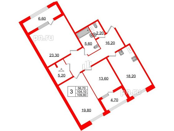 Квартира в ЖК 'Домино', 3 комнатная, 109.6 м², 7 этаж