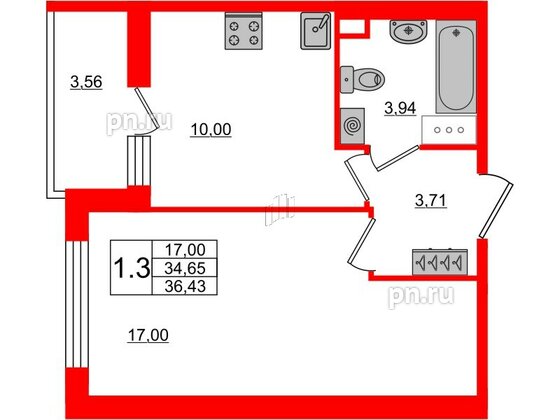 Квартира в ЖК «Чистое небо», 1 комнатная, 34.65 м², 5 этаж