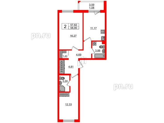 Квартира в ЖК «Новое Горелово», 2 комнатная, 58.9 м², 1 этаж