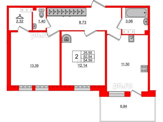 Квартира в ЖК «Юттери», 2 комнатная, 52.5 м², 5 этаж