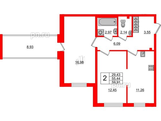 Квартира в ЖК «Юттери», 2 комнатная, 59.9 м², 2 этаж