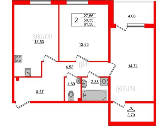 Квартира в ЖК «Юттери», 2 комнатная, 61.8 м², 1 этаж