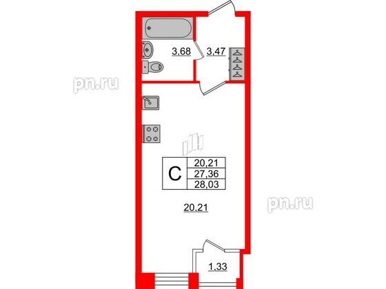 Квартира в ЖК «FoRest Akvilon», студия, 27.4 м², 1 этаж