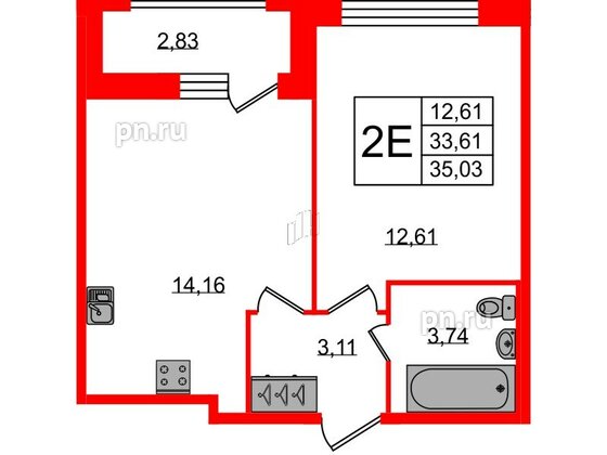 Квартира в ЖК FoRest Akvilon, 1 комнатная, 34.7 м², 1 этаж