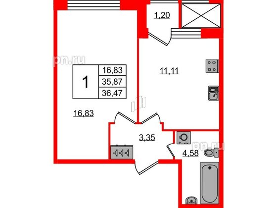 Квартира в ЖК FoRest Akvilon, 1 комнатная, 36.2 м², 1 этаж