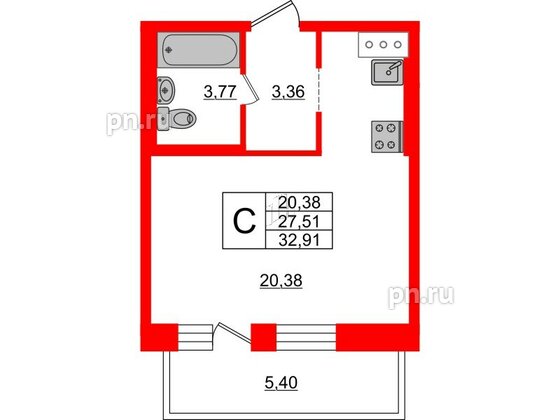 Квартира в ЖК «Северный», студия, 27.51 м², 11 этаж