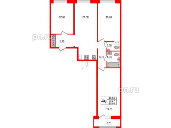 Квартира в ЖК FoRest Akvilon, 3 комнатная, 83 м², 6 этаж