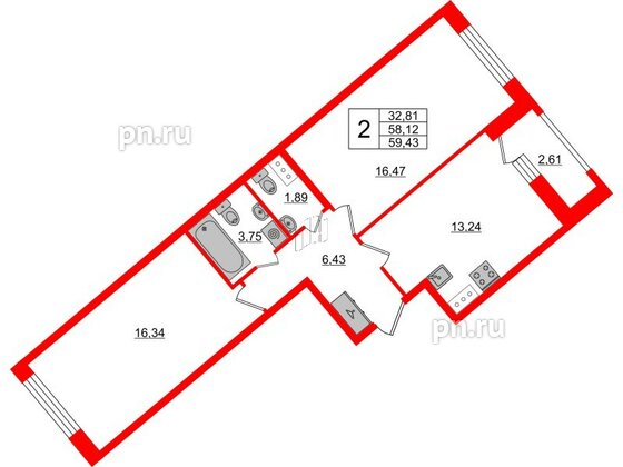 Квартира в ЖК FoRest Akvilon, 2 комнатная, 58.4 м², 4 этаж