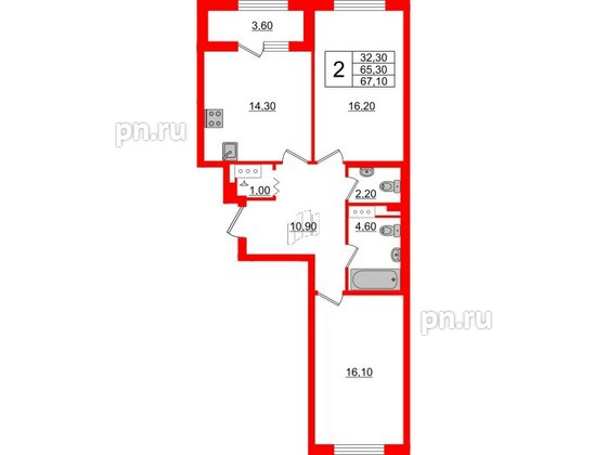 Квартира в ЖК 'Галактика', 2 комнатная, 67.2 м², 9 этаж