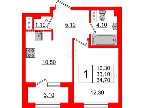 Квартира в ЖК 'Галактика', 1 комнатная, 34.7 м², 12 этаж