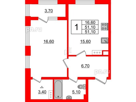 Квартира в ЖК 'Галактика', 1 комнатная, 51 м², 5 этаж