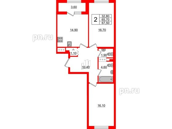 Квартира в ЖК 'Галактика', 2 комнатная, 67.8 м², 6 этаж