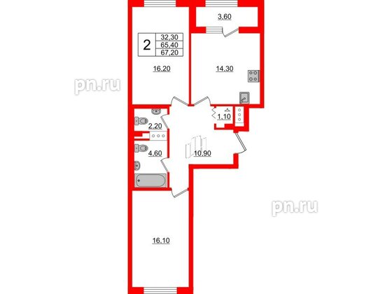 Квартира в ЖК 'Галактика', 2 комнатная, 67.2 м², 11 этаж