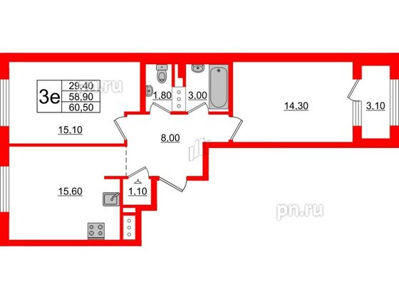 Квартира в ЖК 'Галактика', 2 комнатная, 60.5 м², 13 этаж