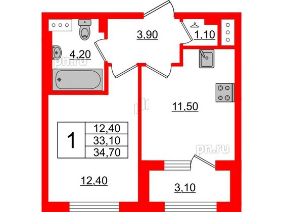 Квартира в ЖК 'Галактика', 1 комнатная, 34.6 м², 10 этаж