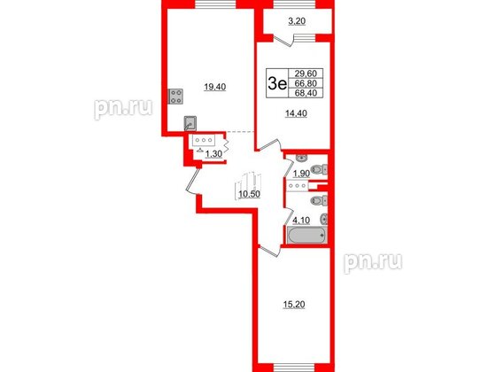 Квартира в ЖК 'Галактика', 2 комнатная, 68.2 м², 11 этаж