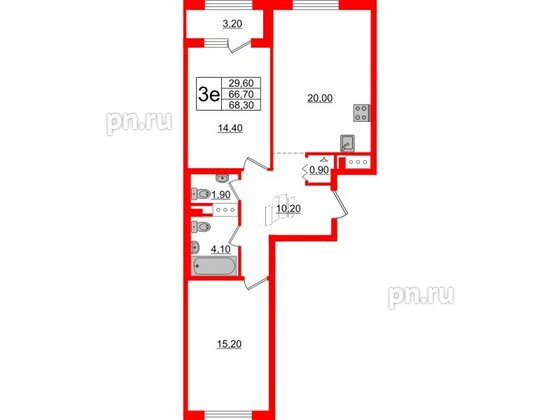 Квартира в ЖК 'Галактика', 2 комнатная, 68.4 м², 9 этаж