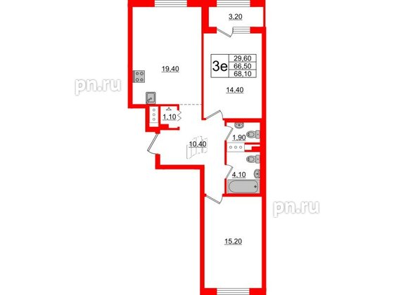 Квартира в ЖК 'Галактика', 2 комнатная, 67.9 м², 6 этаж