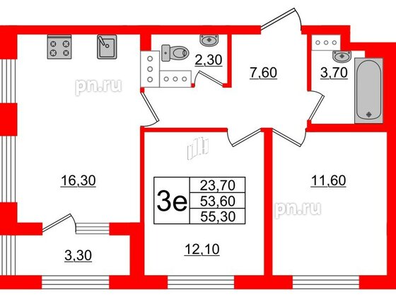 Квартира в ЖК 'Галактика', 2 комнатная, 55.4 м², 9 этаж