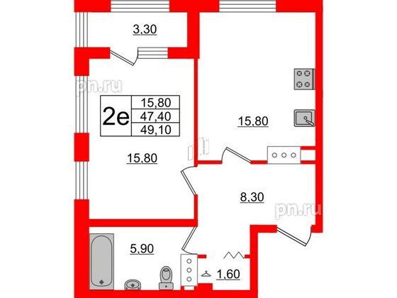 Квартира в ЖК 'Галактика', 1 комнатная, 48.7 м², 6 этаж