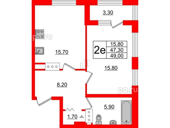 Квартира в ЖК 'Галактика', 1 комнатная, 48.8 м², 7 этаж