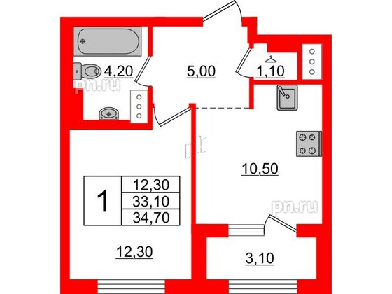 Квартира в ЖК 'Галактика', 1 комнатная, 34.6 м², 18 этаж