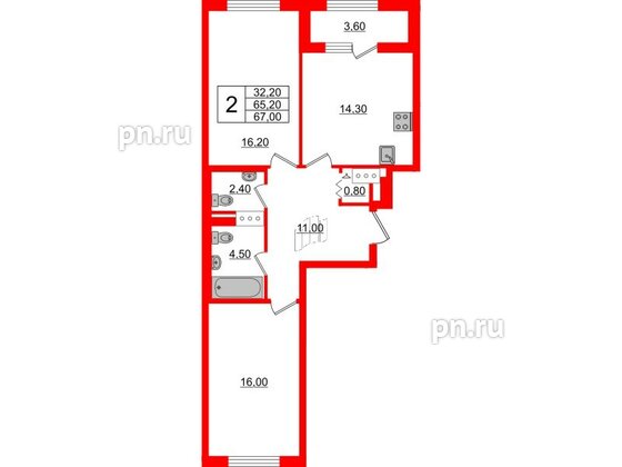 Квартира в ЖК 'Галактика', 2 комнатная, 67.2 м², 7 этаж