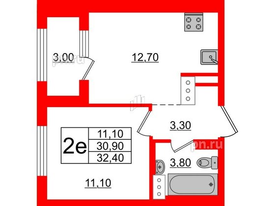 Квартира в ЖК 'Галактика', 1 комнатная, 32.4 м², 15 этаж