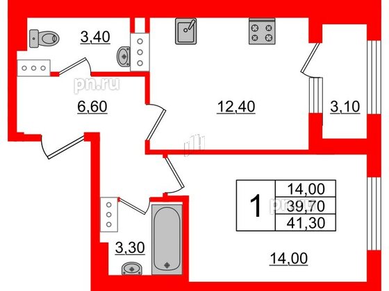 Квартира в ЖК 'Галактика', 1 комнатная, 41.3 м², 13 этаж