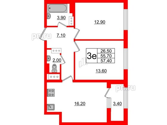 Квартира в ЖК 'Галактика', 2 комнатная, 57.5 м², 14 этаж