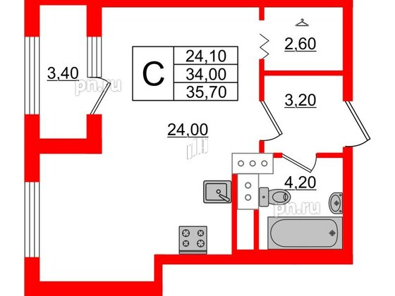 Квартира в ЖК 'Галактика', студия, 35.8 м², 5 этаж