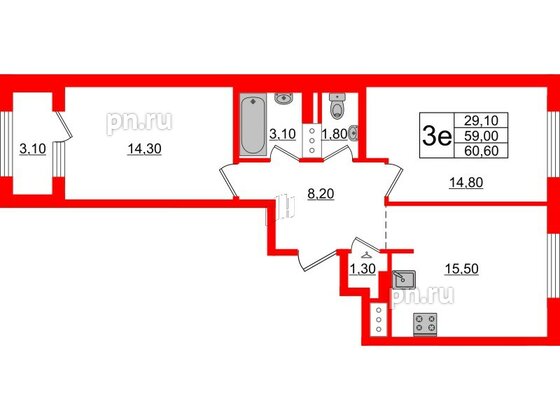 Квартира в ЖК 'Галактика', 2 комнатная, 60.9 м², 7 этаж