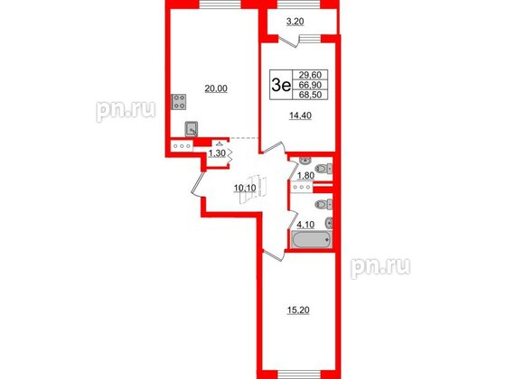 Квартира в ЖК 'Галактика', 2 комнатная, 68.7 м², 9 этаж