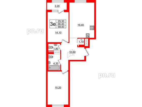 Квартира в ЖК 'Галактика', 2 комнатная, 68.2 м², 11 этаж