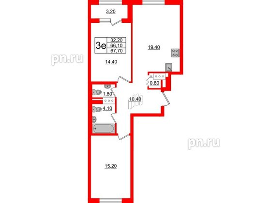 Квартира в ЖК 'Галактика', 2 комнатная, 67.5 м², 18 этаж