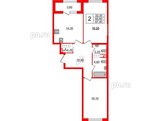 Квартира в ЖК 'Галактика', 2 комнатная, 67.6 м², 6 этаж