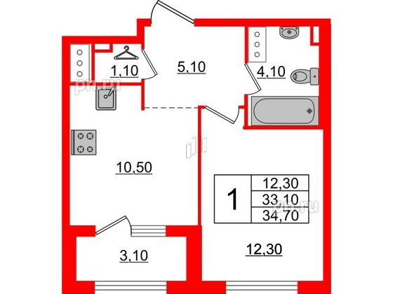 Квартира в ЖК 'Галактика', 1 комнатная, 34.8 м², 11 этаж