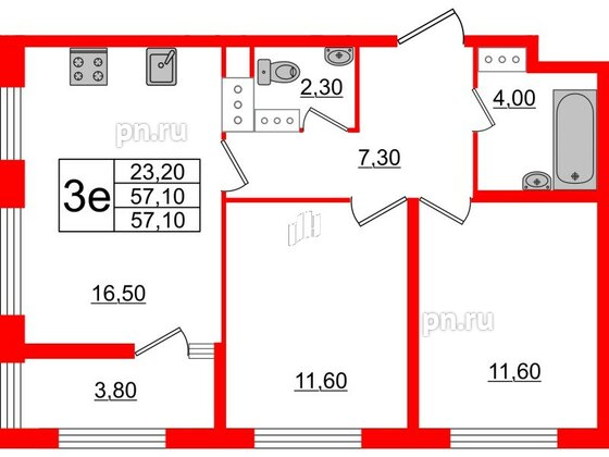 Квартира в ЖК 'Галактика', 2 комнатная, 57.3 м², 12 этаж