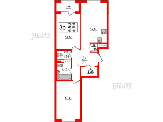 Квартира в ЖК 'Галактика', 2 комнатная, 67.5 м², 5 этаж